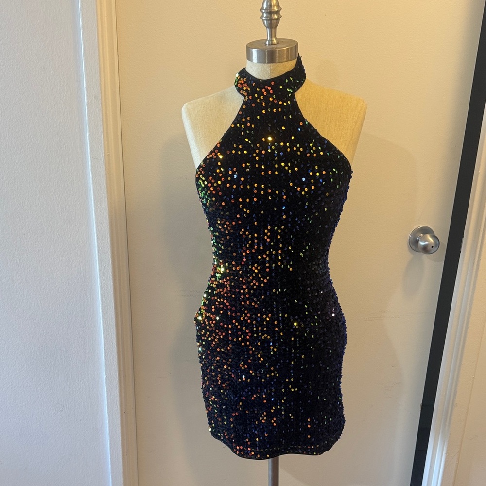 Elegant Black Velvet Sequin Halter Dress